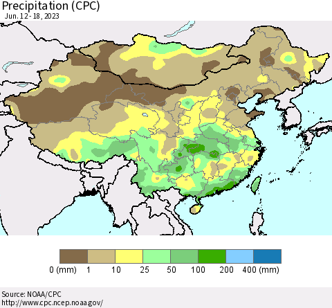 China, Mongolia and Taiwan Precipitation (CPC) Thematic Map For 6/12/2023 - 6/18/2023