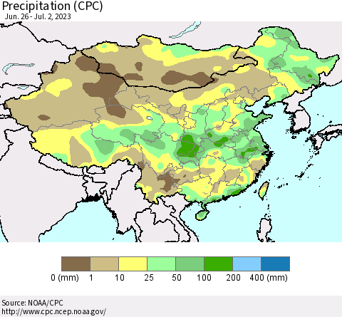 China, Mongolia and Taiwan Precipitation (CPC) Thematic Map For 6/26/2023 - 7/2/2023