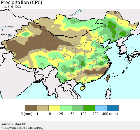 China, Mongolia and Taiwan Precipitation (CPC) Thematic Map For 7/3/2023 - 7/9/2023