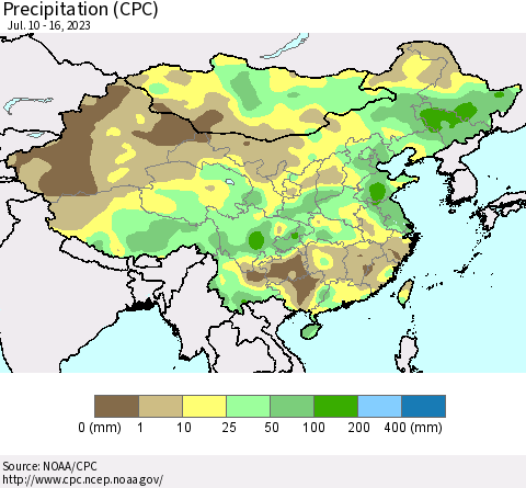 China, Mongolia and Taiwan Precipitation (CPC) Thematic Map For 7/10/2023 - 7/16/2023