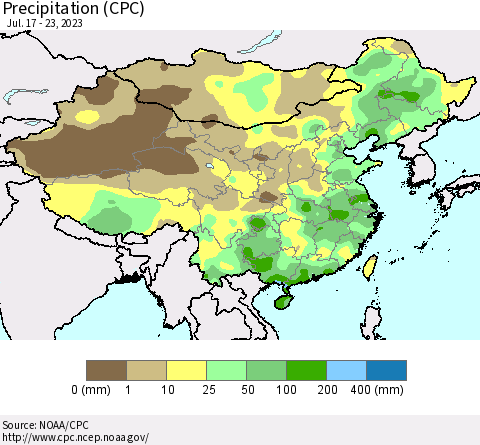 China, Mongolia and Taiwan Precipitation (CPC) Thematic Map For 7/17/2023 - 7/23/2023