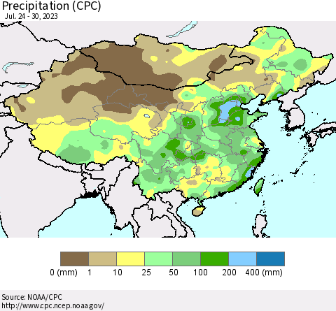 China, Mongolia and Taiwan Precipitation (CPC) Thematic Map For 7/24/2023 - 7/30/2023