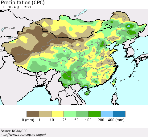 China, Mongolia and Taiwan Precipitation (CPC) Thematic Map For 7/31/2023 - 8/6/2023