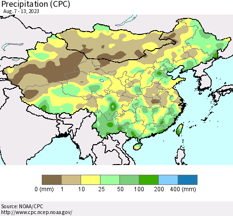 China, Mongolia and Taiwan Precipitation (CPC) Thematic Map For 8/7/2023 - 8/13/2023