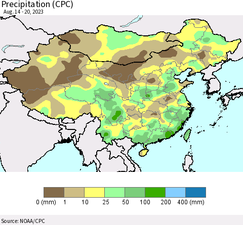 China, Mongolia and Taiwan Precipitation (CPC) Thematic Map For 8/14/2023 - 8/20/2023