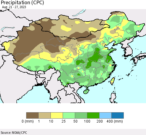 China, Mongolia and Taiwan Precipitation (CPC) Thematic Map For 8/21/2023 - 8/27/2023
