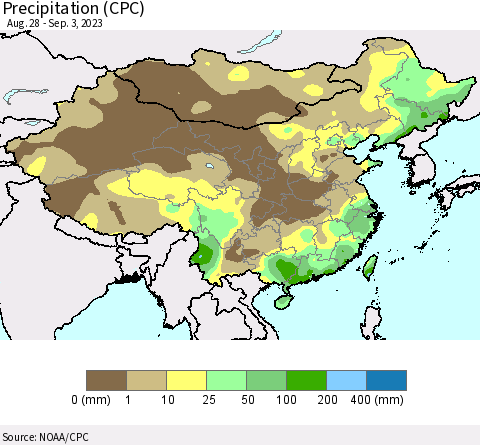 China, Mongolia and Taiwan Precipitation (CPC) Thematic Map For 8/28/2023 - 9/3/2023