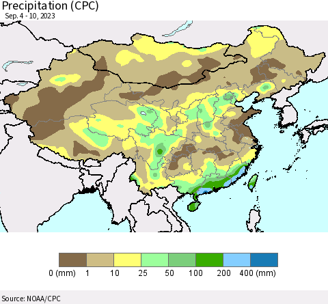 China, Mongolia and Taiwan Precipitation (CPC) Thematic Map For 9/4/2023 - 9/10/2023