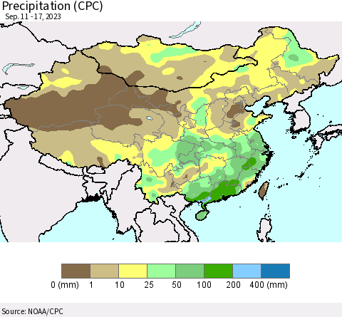China, Mongolia and Taiwan Precipitation (CPC) Thematic Map For 9/11/2023 - 9/17/2023