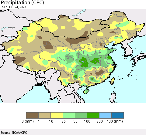 China, Mongolia and Taiwan Precipitation (CPC) Thematic Map For 9/18/2023 - 9/24/2023