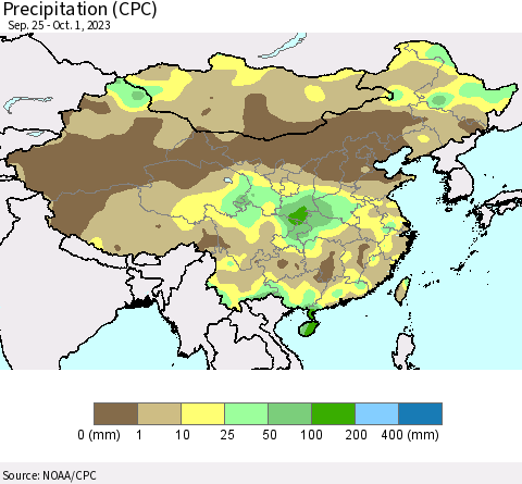 China, Mongolia and Taiwan Precipitation (CPC) Thematic Map For 9/25/2023 - 10/1/2023