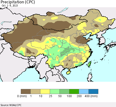 China, Mongolia and Taiwan Precipitation (CPC) Thematic Map For 10/2/2023 - 10/8/2023