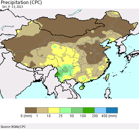 China, Mongolia and Taiwan Precipitation (CPC) Thematic Map For 10/9/2023 - 10/15/2023