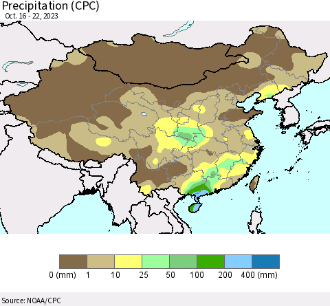 China, Mongolia and Taiwan Precipitation (CPC) Thematic Map For 10/16/2023 - 10/22/2023