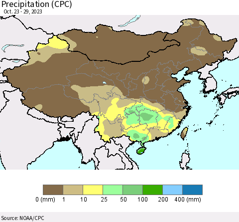 China, Mongolia and Taiwan Precipitation (CPC) Thematic Map For 10/23/2023 - 10/29/2023