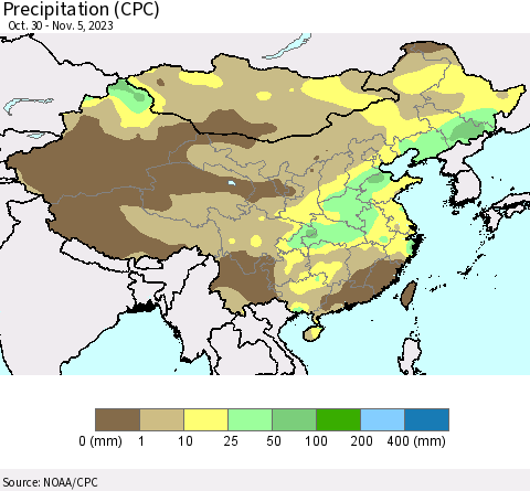 China, Mongolia and Taiwan Precipitation (CPC) Thematic Map For 10/30/2023 - 11/5/2023