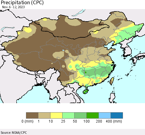 China, Mongolia and Taiwan Precipitation (CPC) Thematic Map For 11/6/2023 - 11/12/2023
