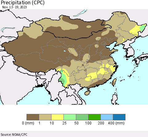 China, Mongolia and Taiwan Precipitation (CPC) Thematic Map For 11/13/2023 - 11/19/2023