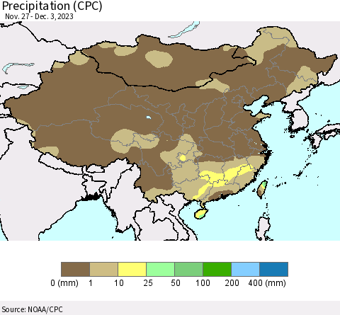 China, Mongolia and Taiwan Precipitation (CPC) Thematic Map For 11/27/2023 - 12/3/2023