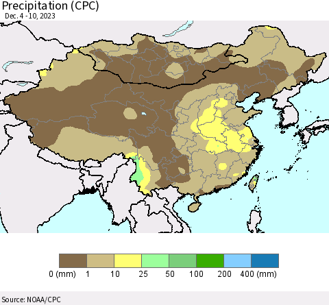 China, Mongolia and Taiwan Precipitation (CPC) Thematic Map For 12/4/2023 - 12/10/2023