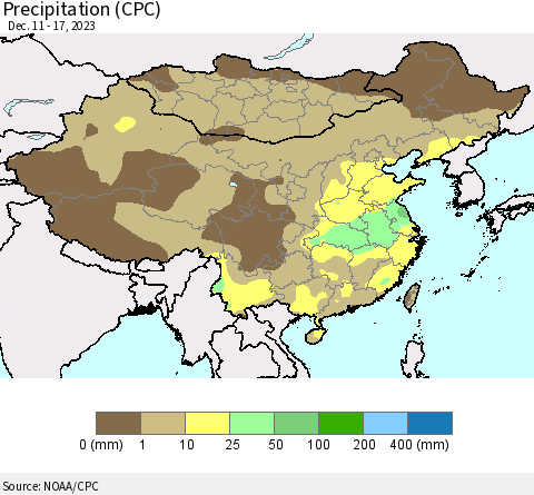 China, Mongolia and Taiwan Precipitation (CPC) Thematic Map For 12/11/2023 - 12/17/2023