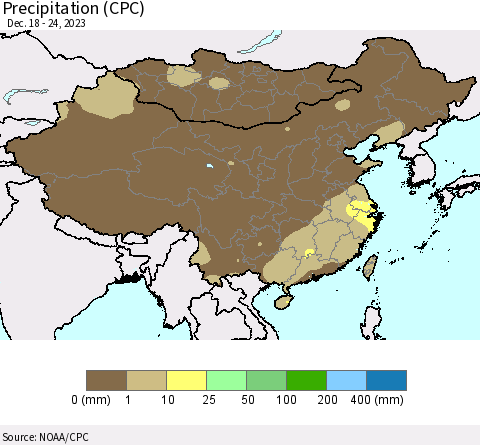 China, Mongolia and Taiwan Precipitation (CPC) Thematic Map For 12/18/2023 - 12/24/2023