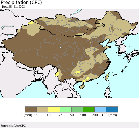 China, Mongolia and Taiwan Precipitation (CPC) Thematic Map For 12/25/2023 - 12/31/2023