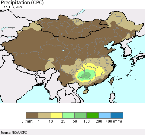 China, Mongolia and Taiwan Precipitation (CPC) Thematic Map For 1/1/2024 - 1/7/2024