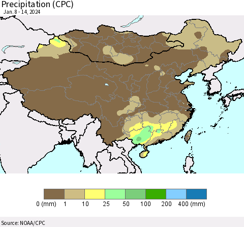 China, Mongolia and Taiwan Precipitation (CPC) Thematic Map For 1/8/2024 - 1/14/2024