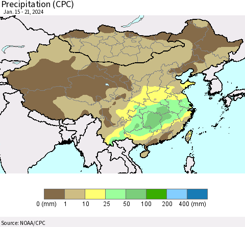 China, Mongolia and Taiwan Precipitation (CPC) Thematic Map For 1/15/2024 - 1/21/2024