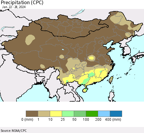China, Mongolia and Taiwan Precipitation (CPC) Thematic Map For 1/22/2024 - 1/28/2024
