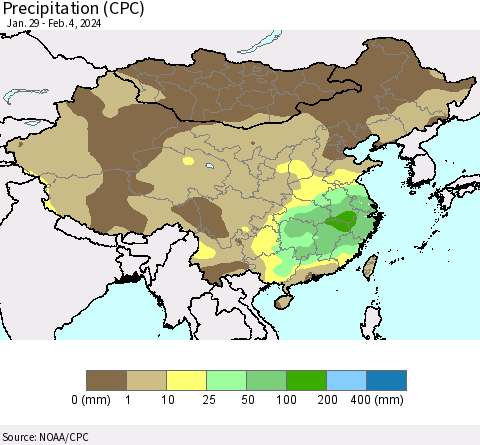 China, Mongolia and Taiwan Precipitation (CPC) Thematic Map For 1/29/2024 - 2/4/2024