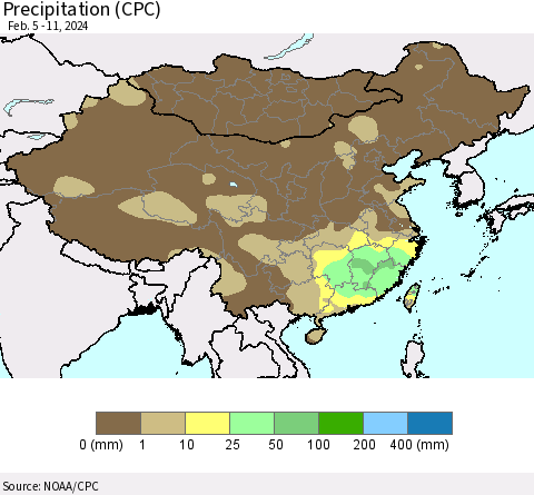 China, Mongolia and Taiwan Precipitation (CPC) Thematic Map For 2/5/2024 - 2/11/2024