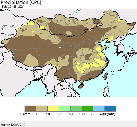 China, Mongolia and Taiwan Precipitation (CPC) Thematic Map For 2/12/2024 - 2/18/2024