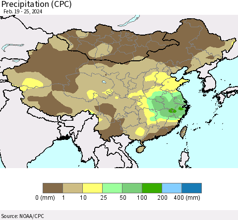 China, Mongolia and Taiwan Precipitation (CPC) Thematic Map For 2/19/2024 - 2/25/2024