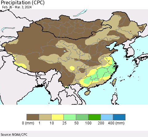 China, Mongolia and Taiwan Precipitation (CPC) Thematic Map For 2/26/2024 - 3/3/2024