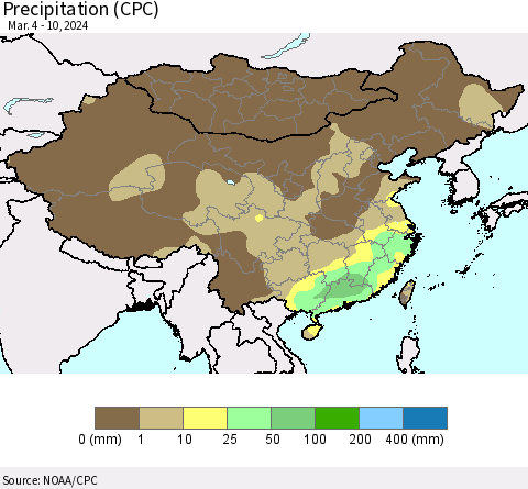China, Mongolia and Taiwan Precipitation (CPC) Thematic Map For 3/4/2024 - 3/10/2024