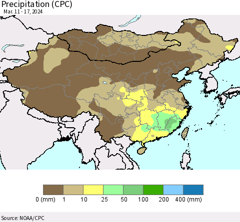 China, Mongolia and Taiwan Precipitation (CPC) Thematic Map For 3/11/2024 - 3/17/2024