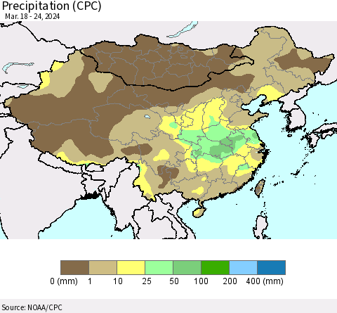 China, Mongolia and Taiwan Precipitation (CPC) Thematic Map For 3/18/2024 - 3/24/2024