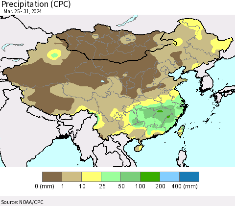 China, Mongolia and Taiwan Precipitation (CPC) Thematic Map For 3/25/2024 - 3/31/2024