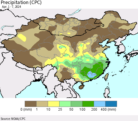 China, Mongolia and Taiwan Precipitation (CPC) Thematic Map For 4/1/2024 - 4/7/2024