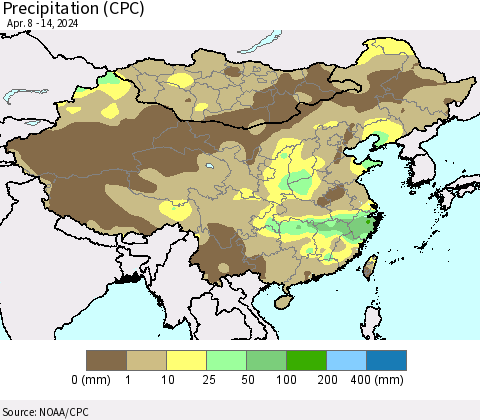 China, Mongolia and Taiwan Precipitation (CPC) Thematic Map For 4/8/2024 - 4/14/2024