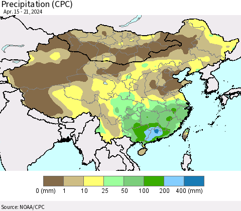 China, Mongolia and Taiwan Precipitation (CPC) Thematic Map For 4/15/2024 - 4/21/2024