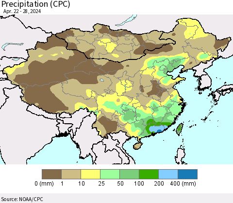 China, Mongolia and Taiwan Precipitation (CPC) Thematic Map For 4/22/2024 - 4/28/2024