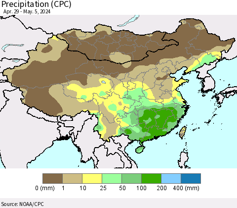 China, Mongolia and Taiwan Precipitation (CPC) Thematic Map For 4/29/2024 - 5/5/2024