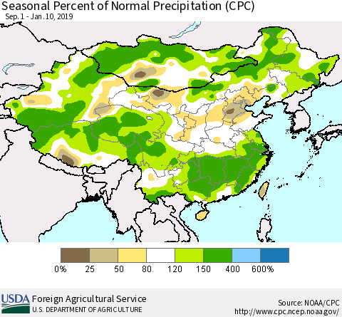 China and Taiwan Seasonal Percent of Normal Precipitation (CPC) Thematic Map For 9/1/2018 - 1/10/2019