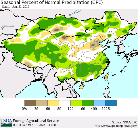 China, Mongolia and Taiwan Seasonal Percent of Normal Precipitation (CPC) Thematic Map For 9/1/2018 - 1/31/2019