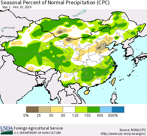 China, Mongolia and Taiwan Seasonal Percent of Normal Precipitation (CPC) Thematic Map For 9/1/2018 - 2/10/2019