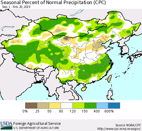 China and Taiwan Seasonal Percent of Normal Precipitation (CPC) Thematic Map For 9/1/2018 - 2/20/2019
