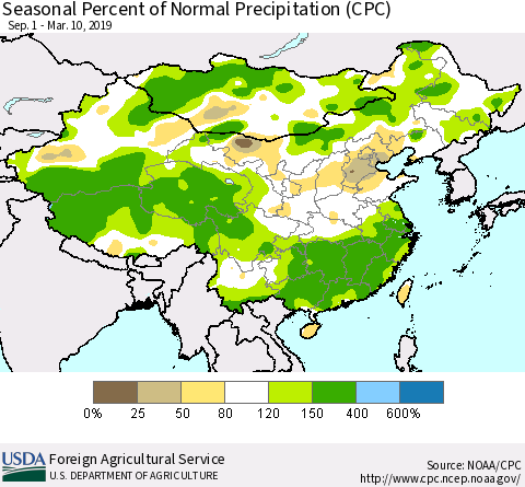 China and Taiwan Seasonal Percent of Normal Precipitation (CPC) Thematic Map For 9/1/2018 - 3/10/2019
